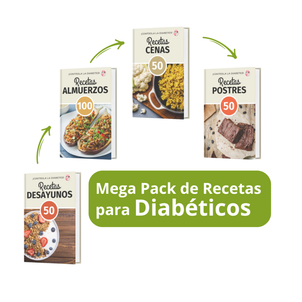 Imagen promocional del Mega Pack de Recetas para Diabéticos, compuesto por cuatro libros: Recetas Desayunos (50 recetas), Recetas Almuerzos (100 recetas), Recetas Cenas (50 recetas) y Recetas Postres (50 recetas). Cada libro incluye opciones saludables y equilibradas para ayudar a personas con diabetes a controlar su alimentación. En el centro, un recuadro verde resalta el nombre del producto. Flechas conectan los libros, destacando su inclusión en el pack.