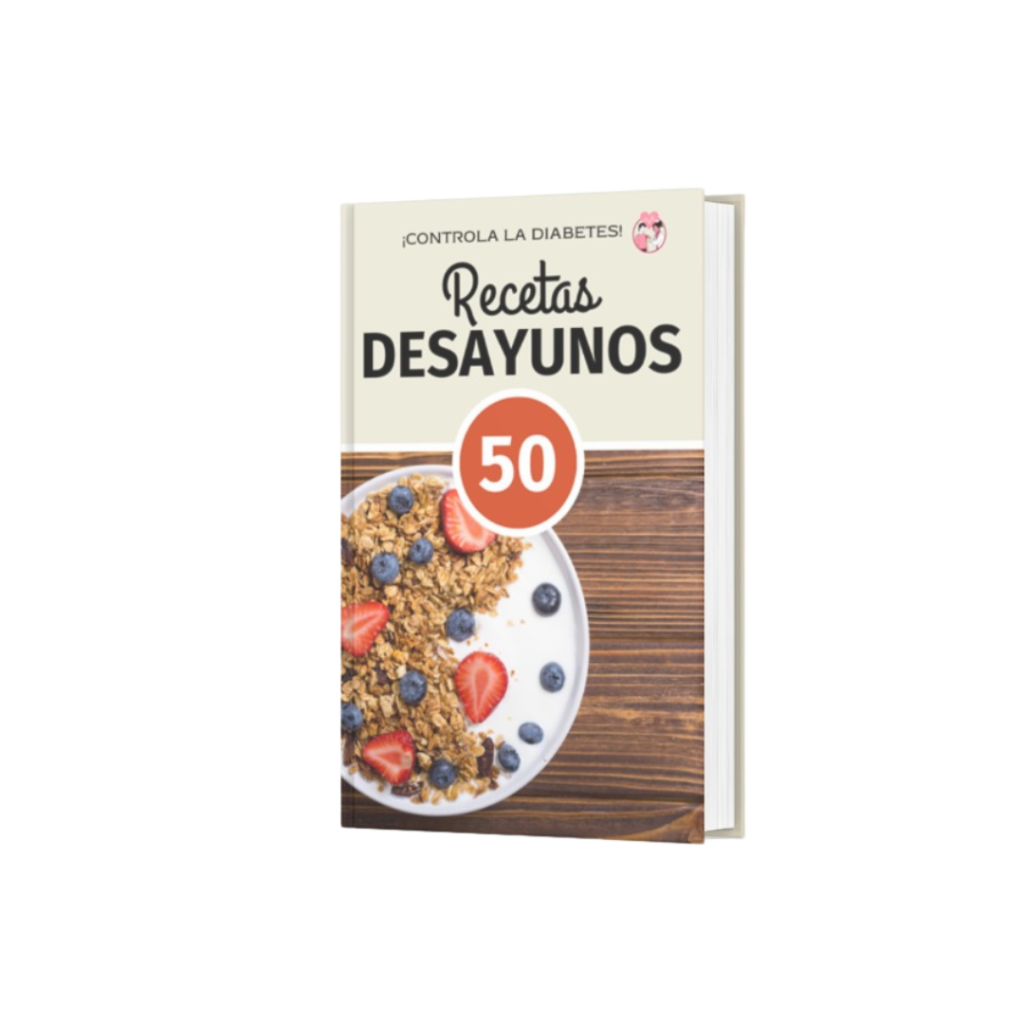 Portada de un libro titulado Recetas Desayunos, parte de la colección ¡Controla la Diabetes!. El diseño incluye una imagen de un plato con granola, fresas y arándanos sobre una mesa de madera. Destaca un sello con el número "50", indicando la cantidad de recetas incluidas en el libro.