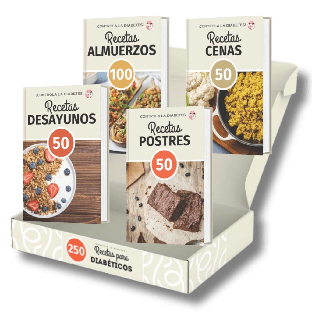 Un set de libros titulado Recetas para Diabéticos, que incluye cuatro volúmenes: Desayunos (50 recetas), Almuerzos (100 recetas), Cenas (50 recetas) y Postres (50 recetas). Cada libro presenta una portada con imágenes de comidas saludables y está diseñado para ayudar a personas con diabetes a mantener una alimentación equilibrada. El conjunto destaca un total de 250 recetas saludables para un mejor control de la glucosa.