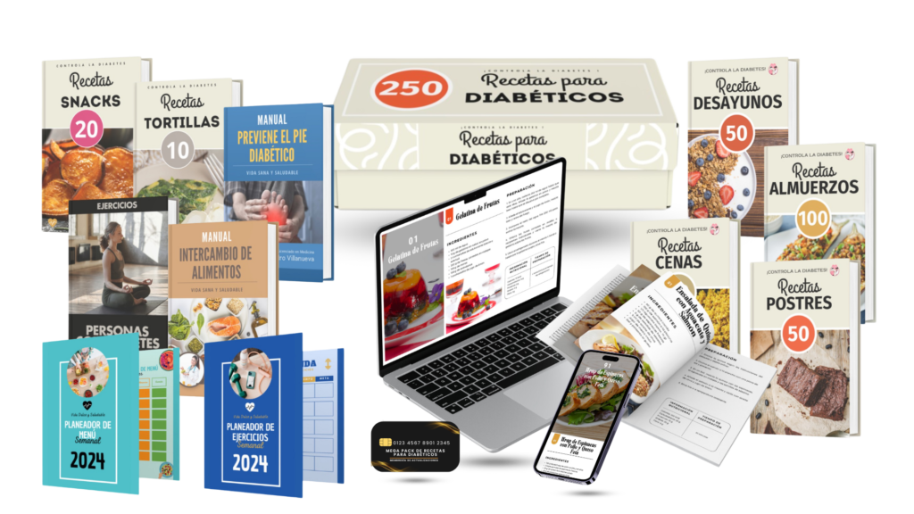 Imagen promocional del Mega Pack de Recetas para Diabéticos, que incluye una caja con 250 recetas saludables organizadas en libros físicos y digitales. Se destacan los volúmenes de Recetas Desayunos (50 recetas), Recetas Almuerzos (100 recetas), Recetas Cenas (50 recetas) y Recetas Postres (50 recetas), junto con otros materiales complementarios como Recetas de Snacks (20 recetas) y Recetas de Tortillas (10 recetas). Además, se incluyen manuales sobre prevención del pie diabético, intercambio de alimentos, ejercicios y planificación de comidas. También se muestra una laptop y un teléfono con acceso digital al contenido, resaltando la versatilidad del producto.