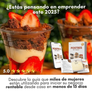 Portada visual del ebook de recetas 'Postres en Vasos en Tendencia 2025', con más de 30 ideas deliciosas. Aparecen postres decorados con crema, fresas y galletas Oreo, ideales para emprender desde casa.