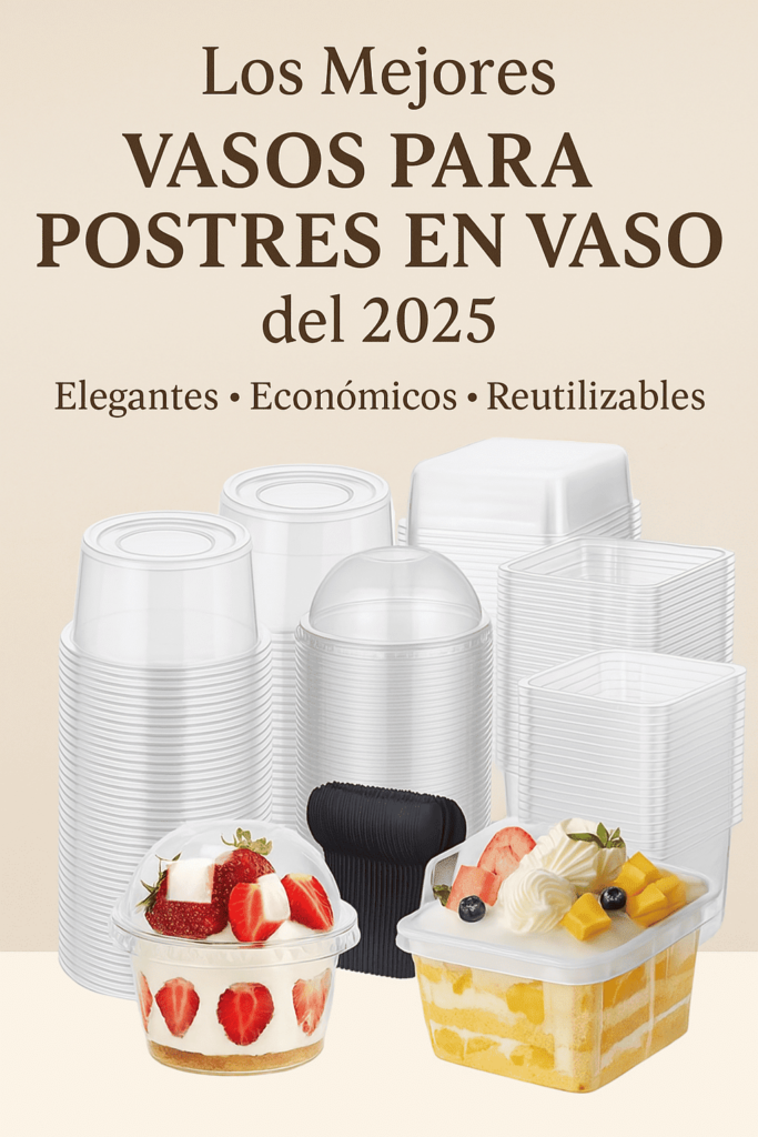 Imagen promocional que presenta vasos transparentes para postres en vaso del 2025, acompañados de ejemplos de postres con frutas frescas. Destacados como elegantes, económicos y reutilizables, ideales para vender desde casa