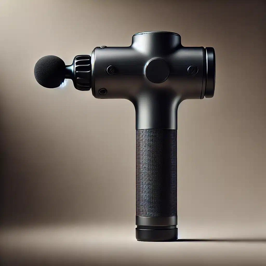 Imagen de una pistola de masaje de color negro con un diseño moderno y ergonómico. Cuenta con un cabezal intercambiable y un acabado mate. El fondo es neutro, resaltando los detalles del dispositivo. La iluminación es suave y profesional, destacando sus contornos.
