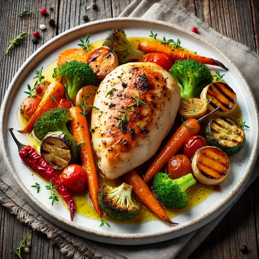 Plato saludable de pollo al horno con vegetales asados, incluyendo brócoli, zanahorias y pimientos. Receta ideal para diabéticos, baja en carbohidratos y rica en proteínas y fibra