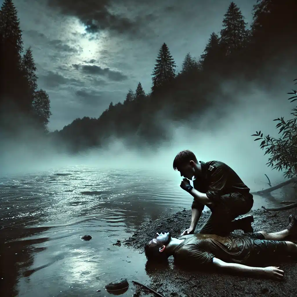 Dos jóvenes en una orilla oscura del río por la noche. Uno yace empapado y exhausto sobre el barro, mientras el otro, arrodillado, lo observa tras haberlo rescatado. Detrás, el río envuelto en neblina y árboles retorcidos crea una atmósfera de tensión y misterio.