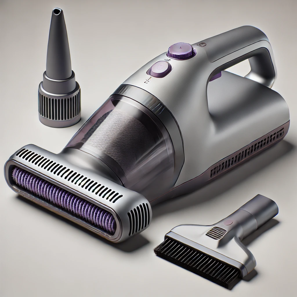 Aspiradora de mano inalámbrica para pelo de mascotas con diseño compacto y boquilla especializada.