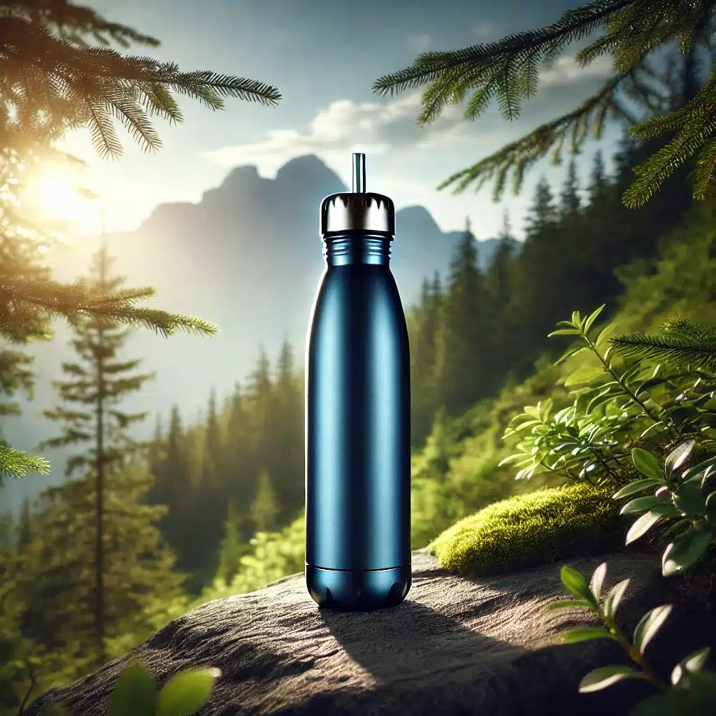 Botella de agua de acero inoxidable IRON °FLASK en color azul crepúsculo, sobre una roca en la naturaleza, ideal para deporte y senderismo