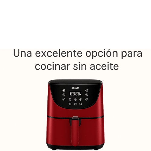Imagen promocional de una freidora de aire COSORI roja sobre fondo beige. Muestra el modelo destacado en una reseña, con texto llamativo que invita a descubrir más sobre sus beneficios y a comprarla en Amazon. Ideal para artículos sobre cocina saludable o recomendaciones de productos.