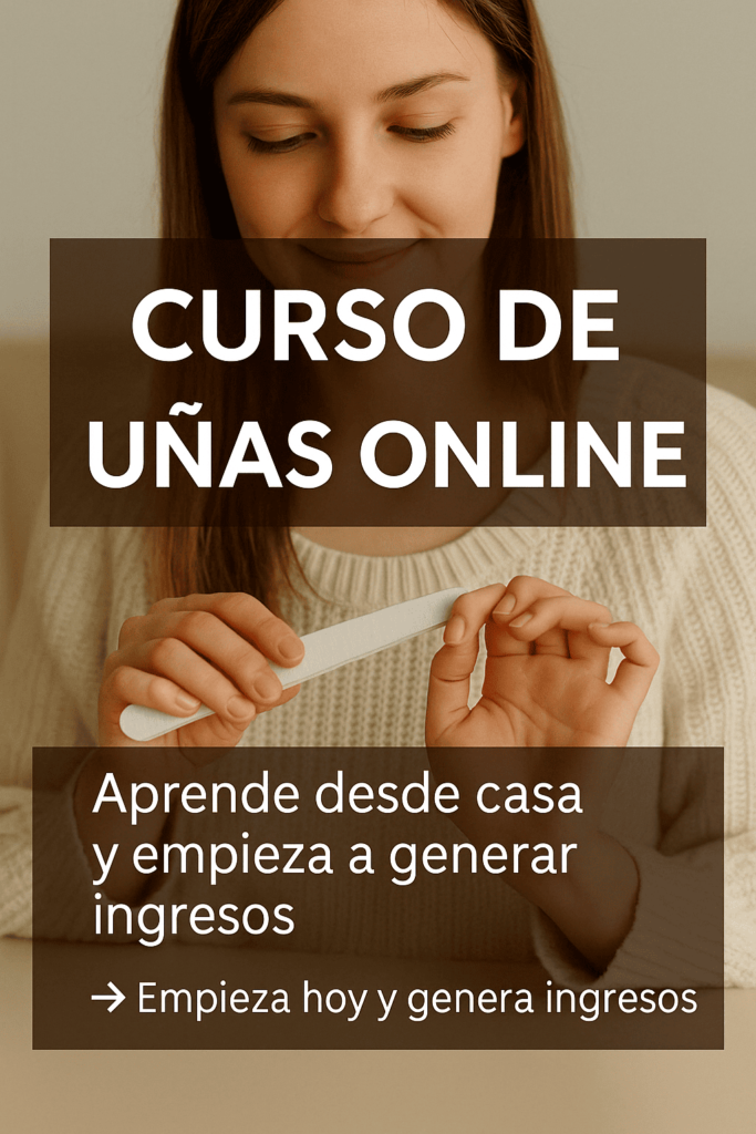 Mujer joven limándose las uñas mientras sonríe, con mensaje promocional sobre un curso de uñas online para aprender desde casa y generar ingresos.