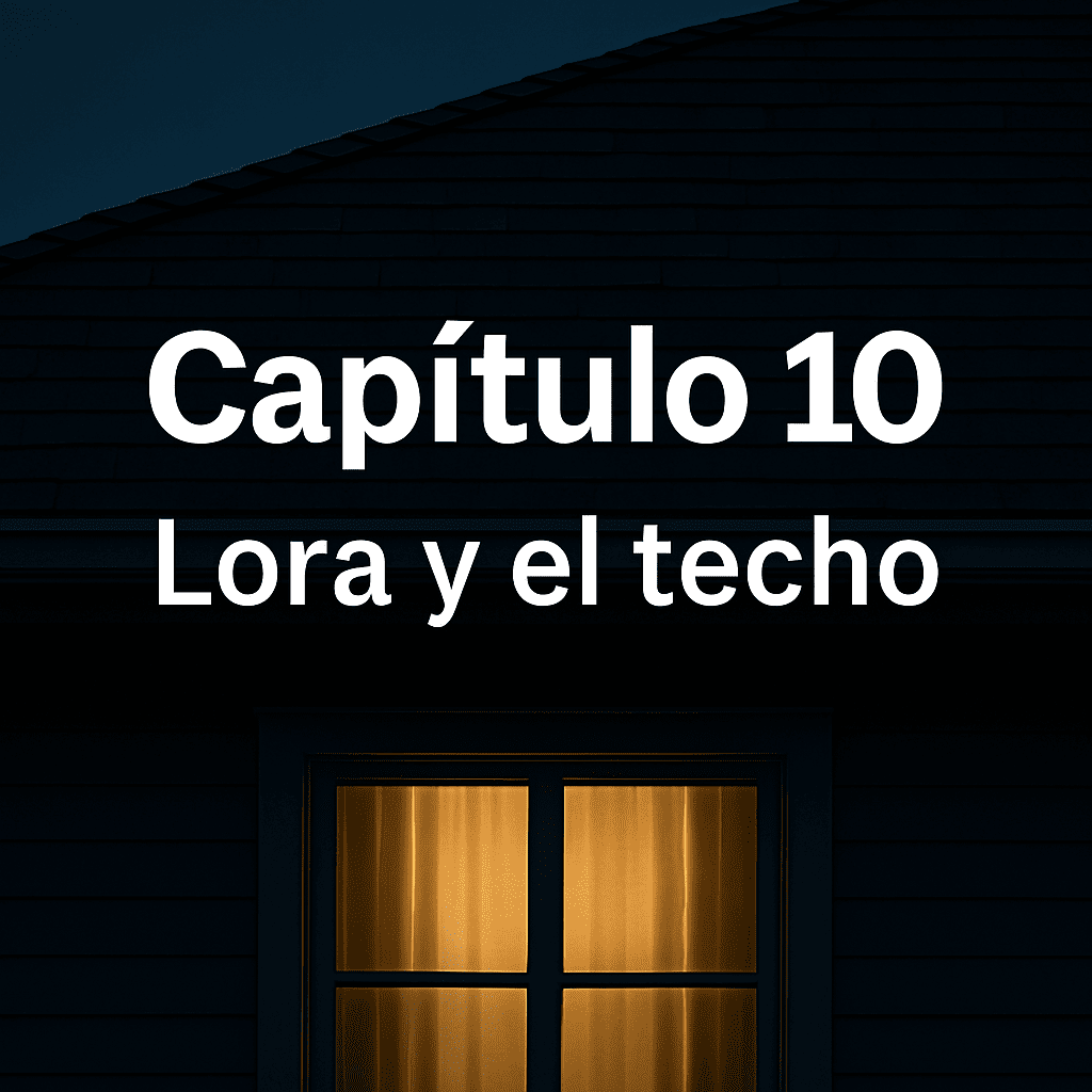 Imagen nocturna de una casa con un techo oscuro y una ventana iluminada desde el interior. Sobre la imagen aparece el texto "Capítulo 10 - Lora y el techo", indicando un posible título de una historia o novela.