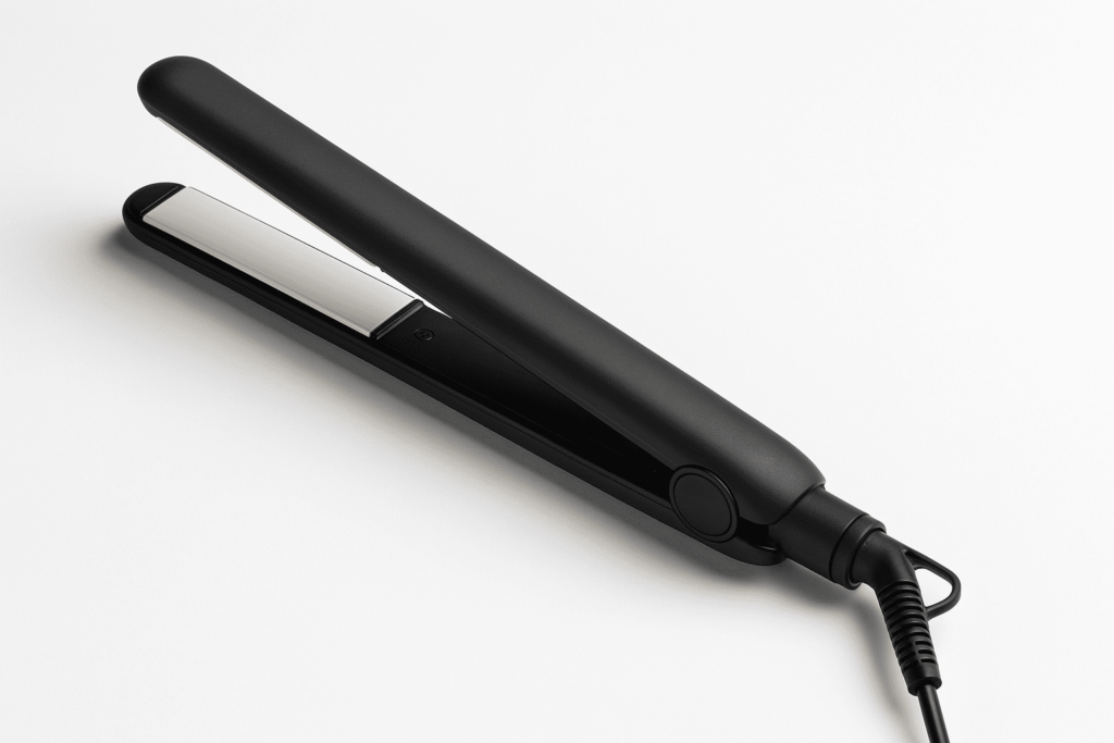 Plancha de cabello negra con placas cerámicas, colocada sobre una superficie blanca. El diseño es moderno y elegante, con cable enrollado y botón visible en el lateral.
