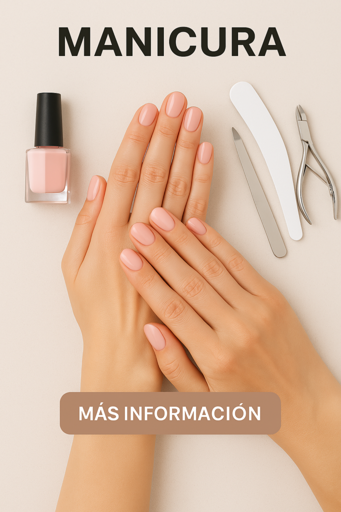 Manos con manicura profesional sobre fondo claro, acompañadas de herramientas una parte del curso de uñas online.