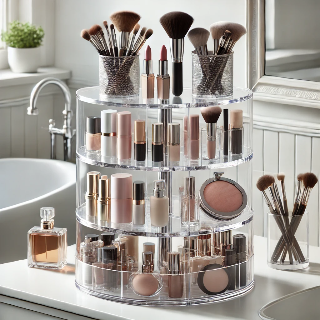 Organizador de maquillaje giratorio transparente con cosméticos organizados en un baño moderno
