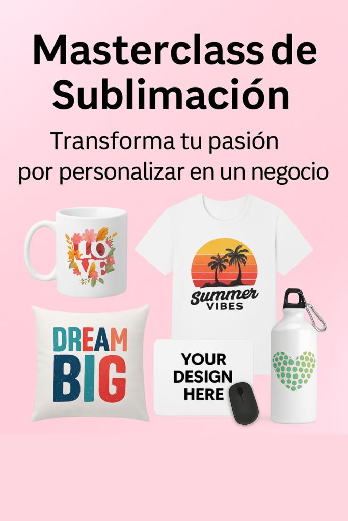 Banner promocional de curso de sublimación con objetos personalizados como tazas, cojines y camisetas, ideal para emprendedores creativos