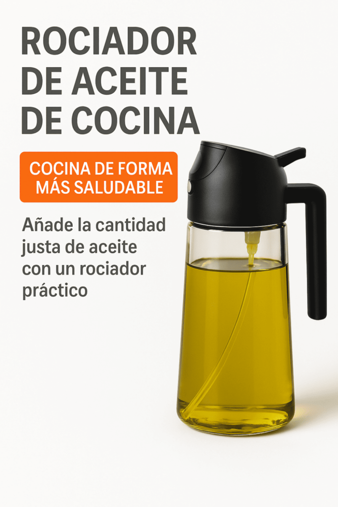 Rociador de aceite de cocina con diseño moderno en vidrio y tapa negra, ideal para cocinar de forma saludable