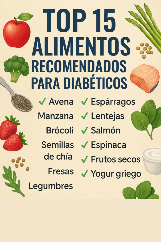 Infografía con el título “Top 15 alimentos recomendados para diabéticos”, mostrando ilustraciones coloridas de alimentos saludables como manzana verde, brócoli, espinaca, semillas de chía, salmón y zanahoria sobre un fondo beige, junto a un llamado a la acción para acceder a 200 recetas saludables para diabéticos.