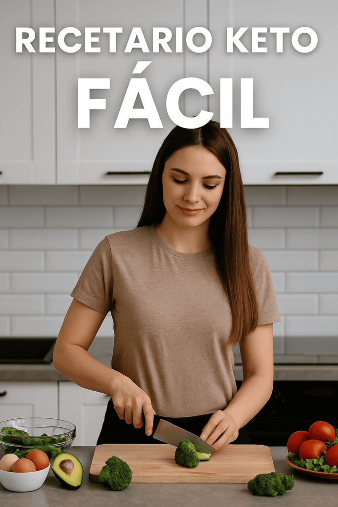 Mujer preparando comida saludable keto en cocina moderna, con ingredientes frescos y estilo limpio.