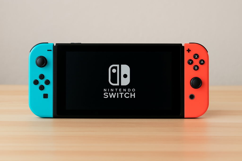 Consola Nintendo Switch con controles Joy-Con azul y rojo, sobre una mesa de madera clara, encendida y lista para jugar.