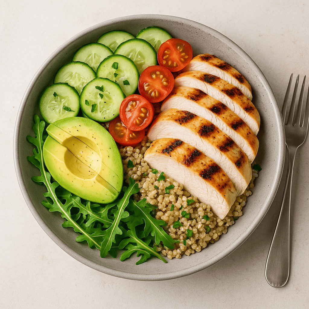 Almuerzo saludable para diabéticos: Ensalada de pollo a la parrilla con espinaca, tomate cherry y quinoa.