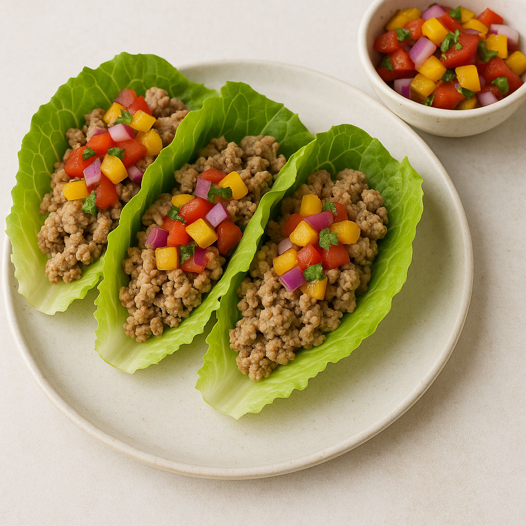 Almuerzo saludable para diabéticos: Tacos de lechuga con pavo y salsa de vegetales frescos.