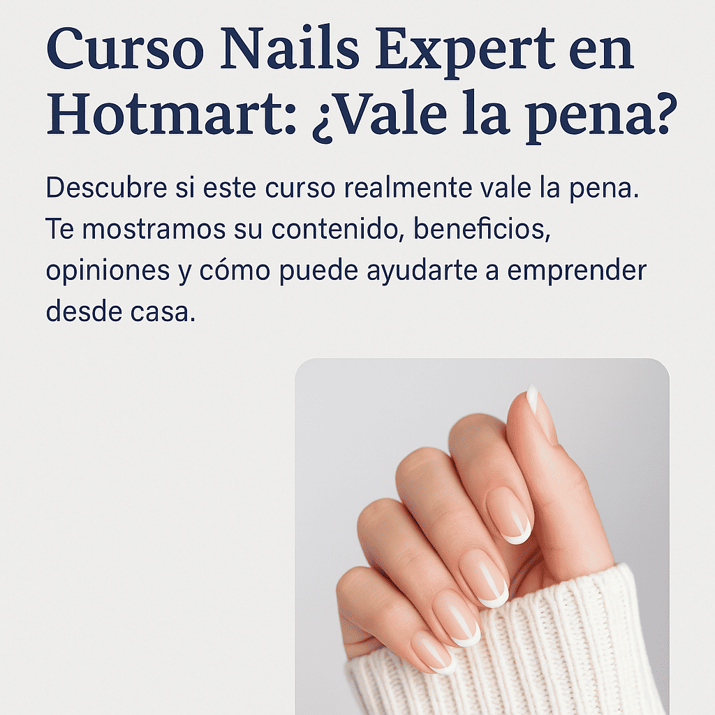 Mano femenina con uñas manicuras en estilo francés, vestida con suéter blanco, acompañada del título en español: “Curso Nails Expert en Hotmart: ¿Vale la pena?”, con descripción sobre el contenido y beneficios del curso.