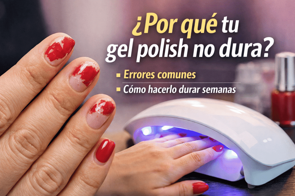 Gel polish levantado y descascarado en uñas frente a una lámpara UV, mostrando por qué el gel polish no dura y cómo hacerlo durar semanas.
