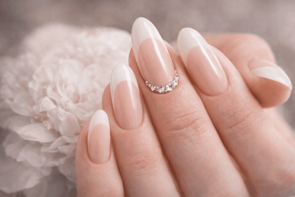 Uñas elegantes y prolijas con acabado nude, brillo limpio y detalles delicados en las cutículas