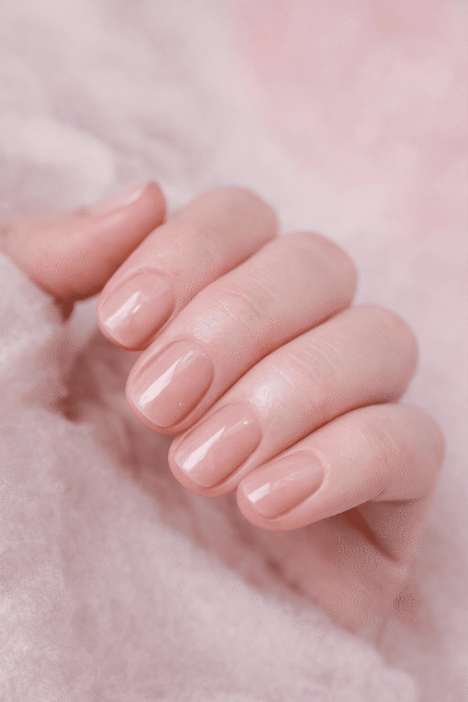 Uñas cortas con gel polish nude rosado, acabado brillante y diseño elegante sobre fondo suave