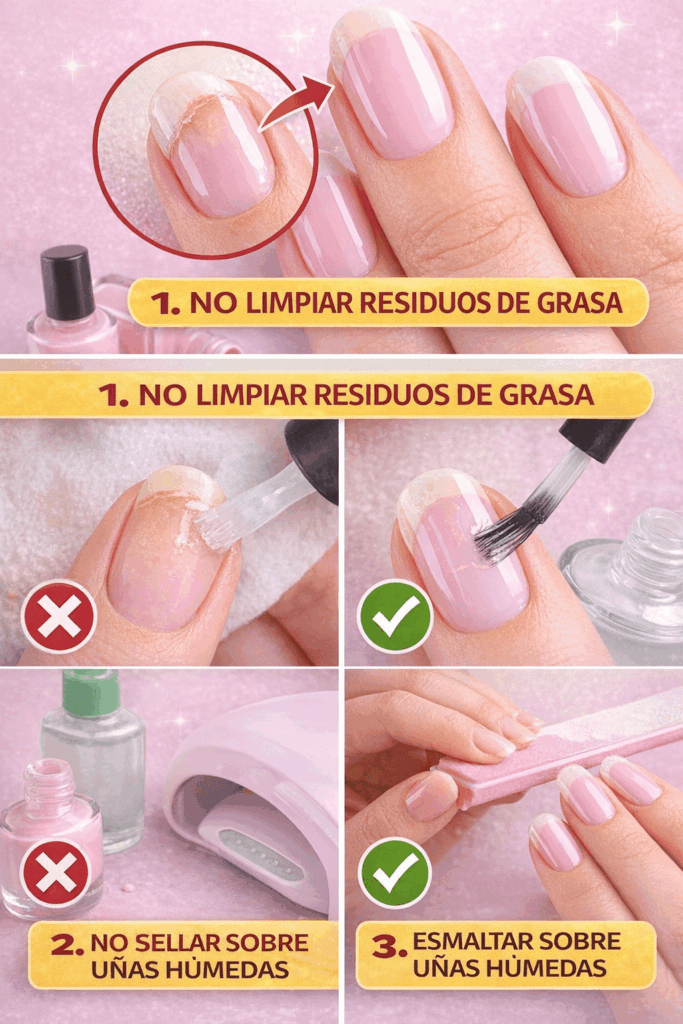no limpiar residuos de grasa en las uñas antes del manicure provoca que el esmalte se levante