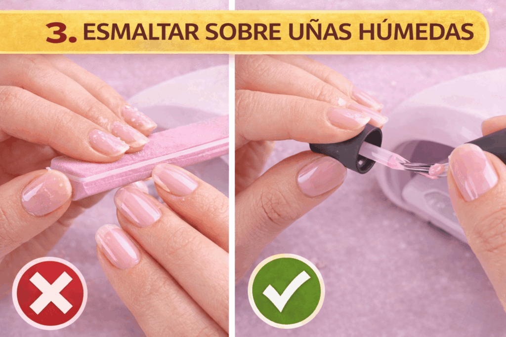 esmaltar sobre uñas húmedas reduce la duración del manicure comparación correcto e incorrecto