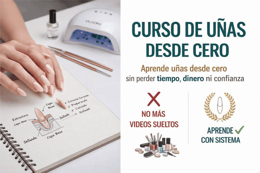 Curso de uñas desde cero con método profesional, preparación correcta, estructura de la uña y aprendizaje paso a paso sin perder tiempo, dinero ni confianza.