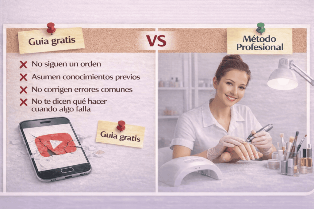 Comparación entre tutoriales gratis de YouTube y un curso de uñas profesional: los tutoriales son fragmentados, el curso enseña un sistema paso a paso.