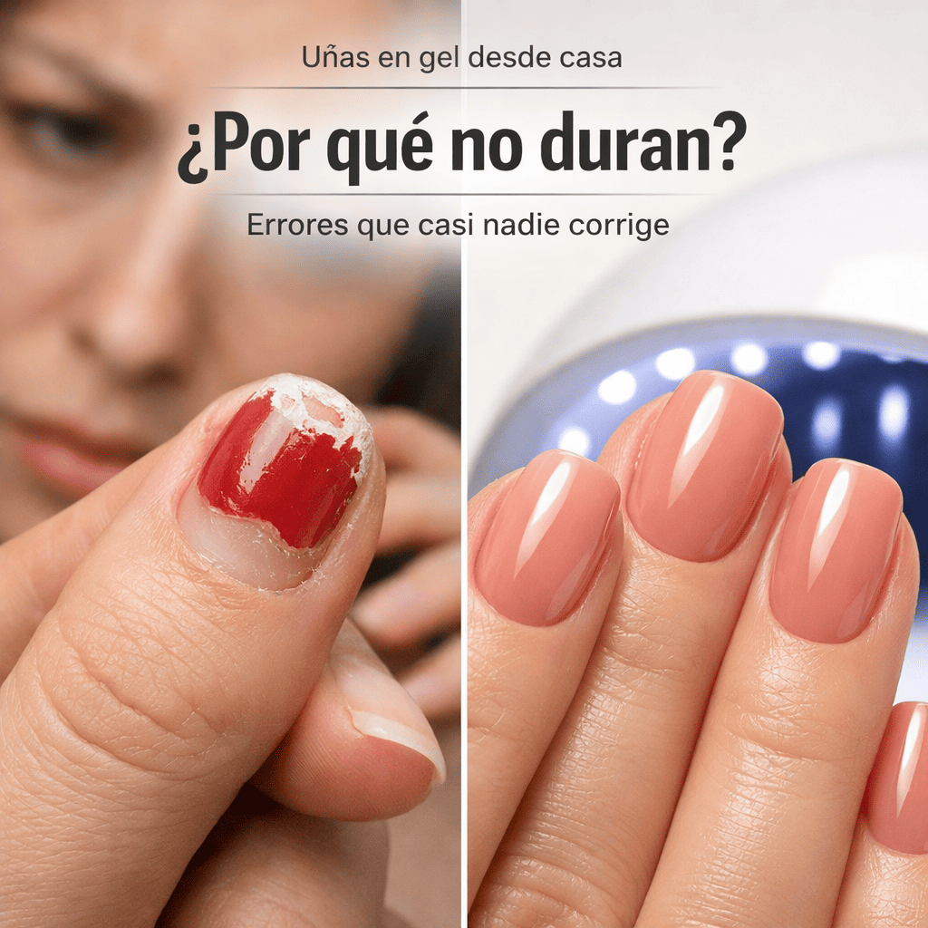 Comparación de uñas en gel levantadas con acabado profesional brillante y uniforme Si quieres una versión un poco más larga (mejor para posicionamiento en Google Imágenes): Uña en gel levantada desde la cutícula comparada con manicura en gel profesional brillante y bien sellada