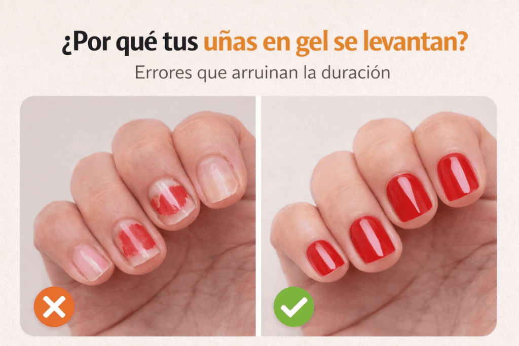 uñas en gel levantadas comparadas con uñas en gel bien aplicadas y brillantes