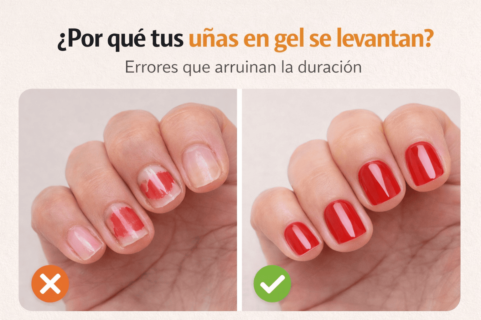 uñas en gel levantadas comparadas con uñas en gel bien aplicadas y brillantes