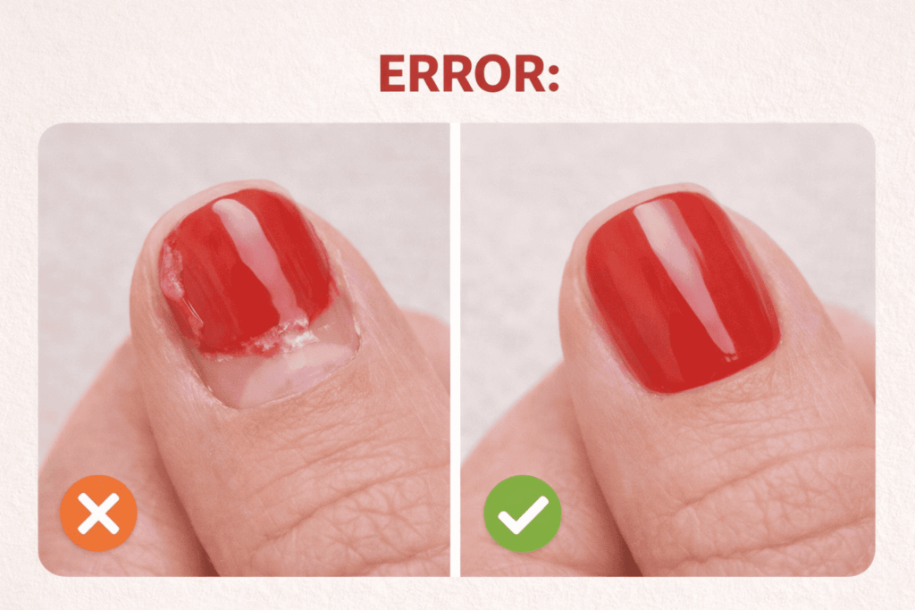 error al aplicar uñas en gel tocando la cutícula y comparación con aplicación correcta