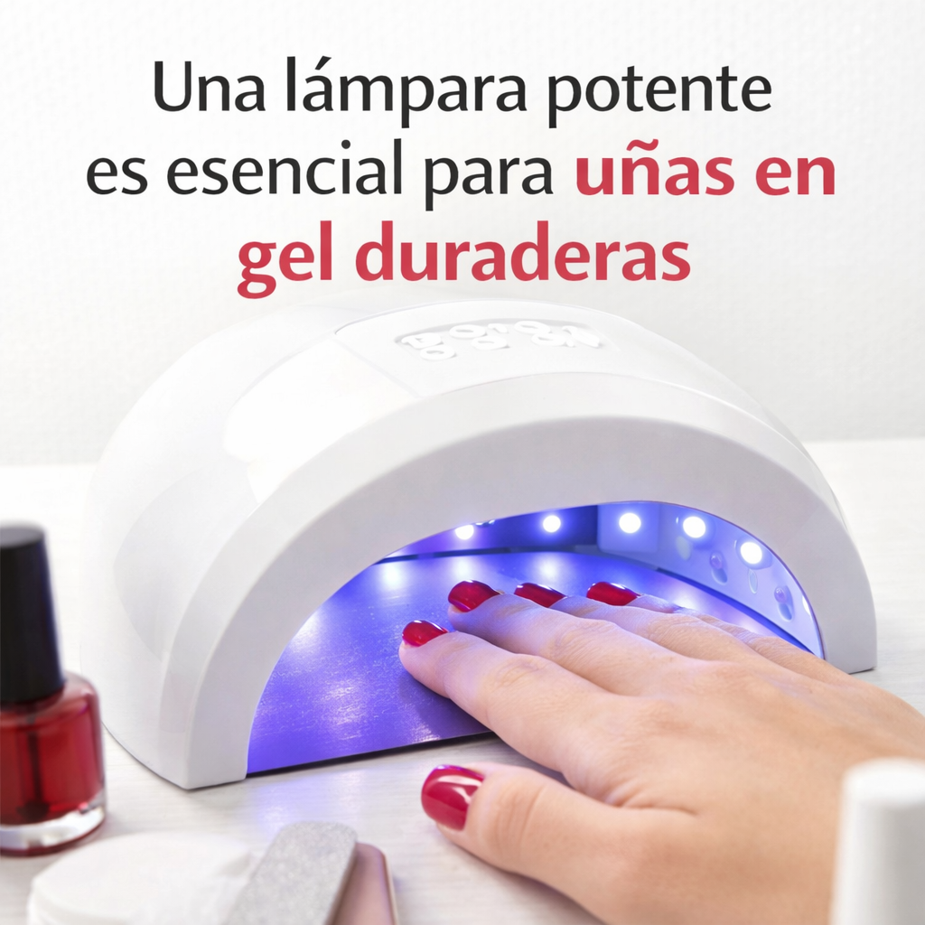 mano secando esmalte en gel en lámpara UV LED para manicura duradera en casa