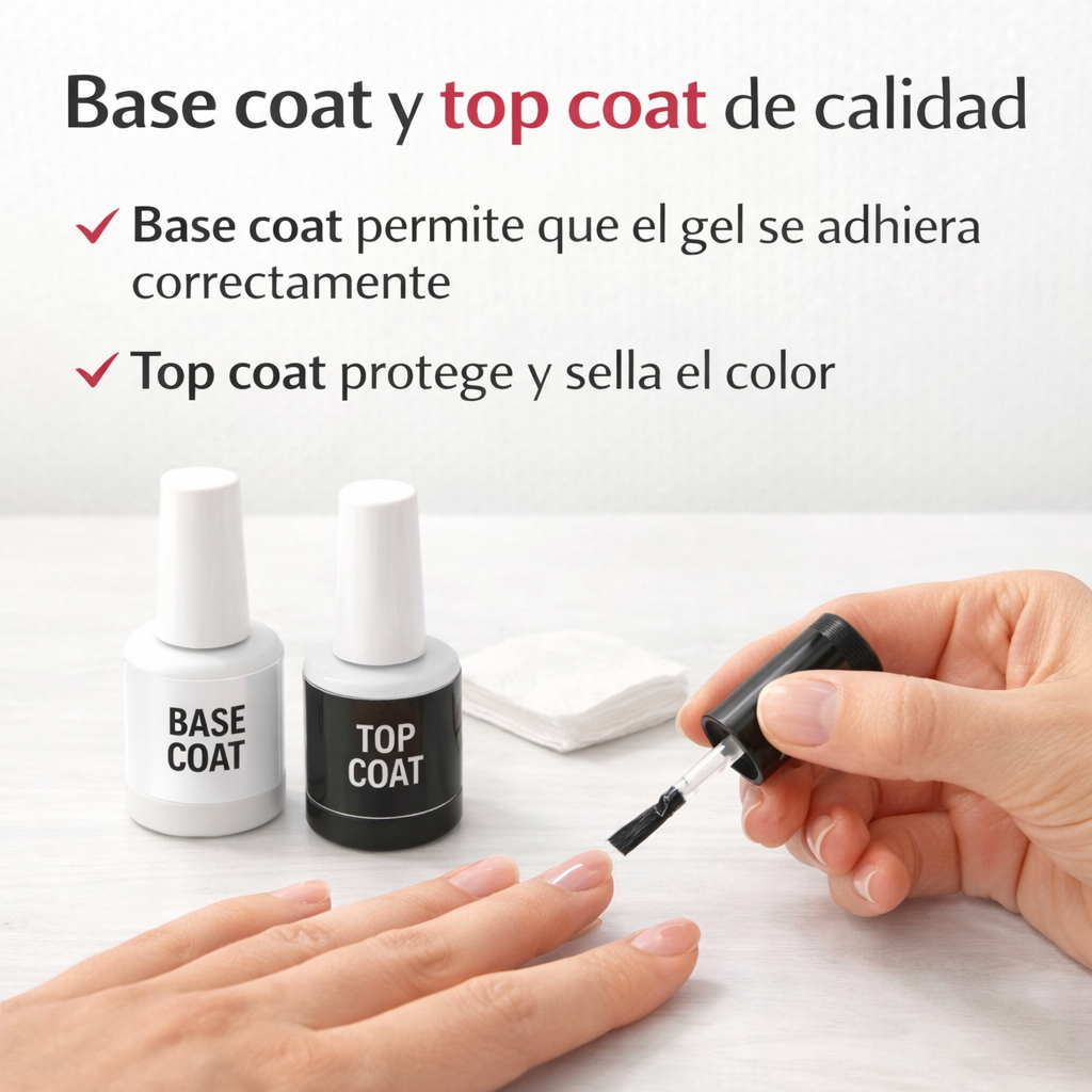 base coat y top coat para uñas en gel aplicándose sobre uñas naturales para sellar y proteger el esmalte
