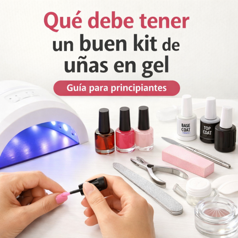 kit completo de uñas en gel para principiantes con lámpara UV LED, esmaltes en gel y herramientas de manicura sobre mesa blanca