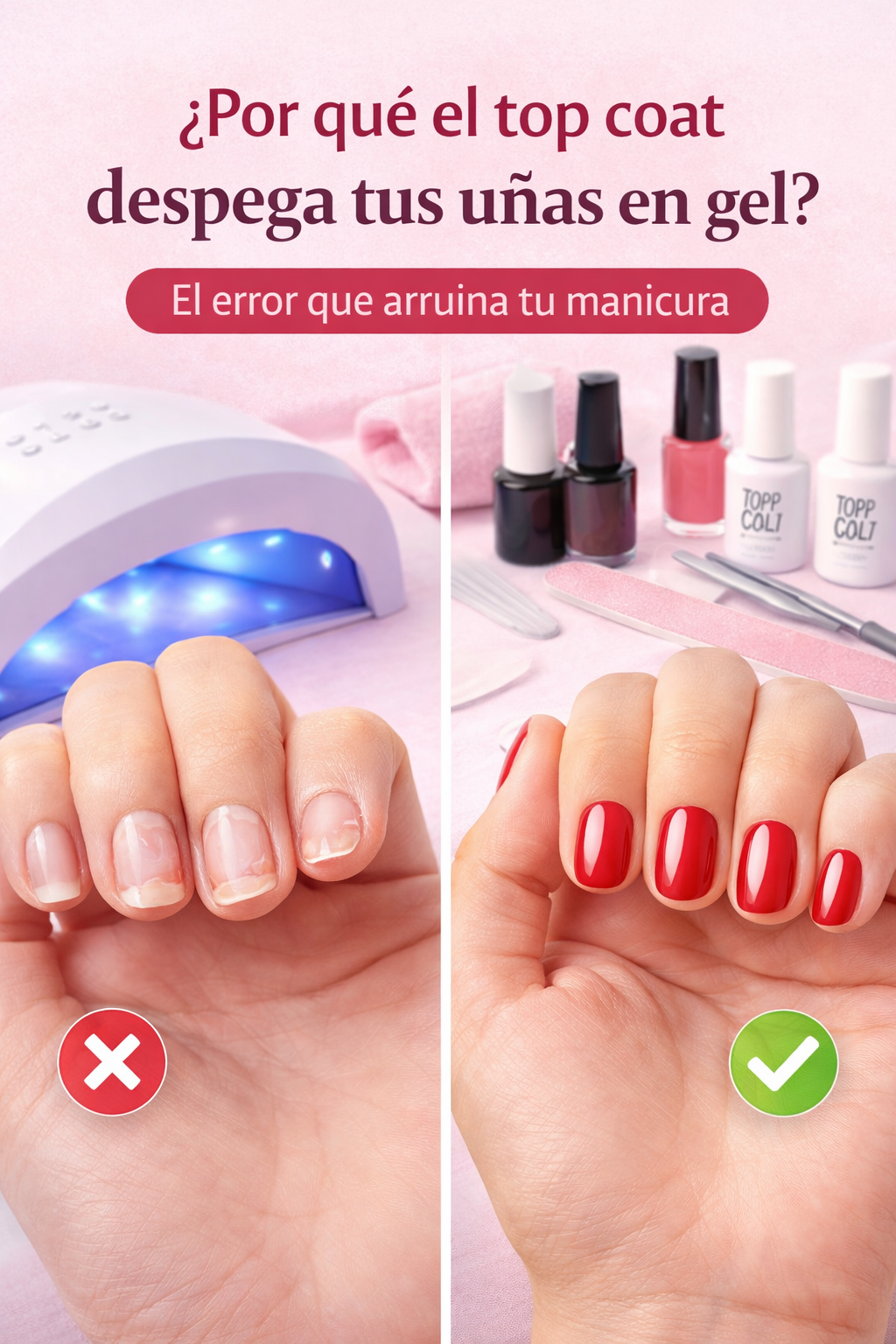 Uñas en gel levantadas vs uñas en gel perfectas mostrando el error del top coat que hace que la manicura se despegue