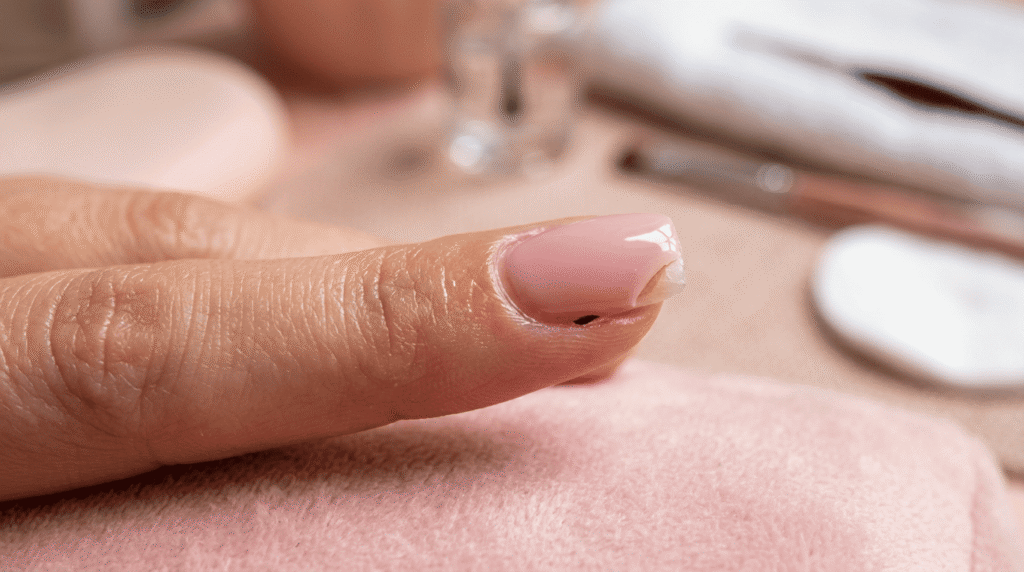 Uña en gel sin sellar correctamente en el borde libre causando levantamiento en la punta