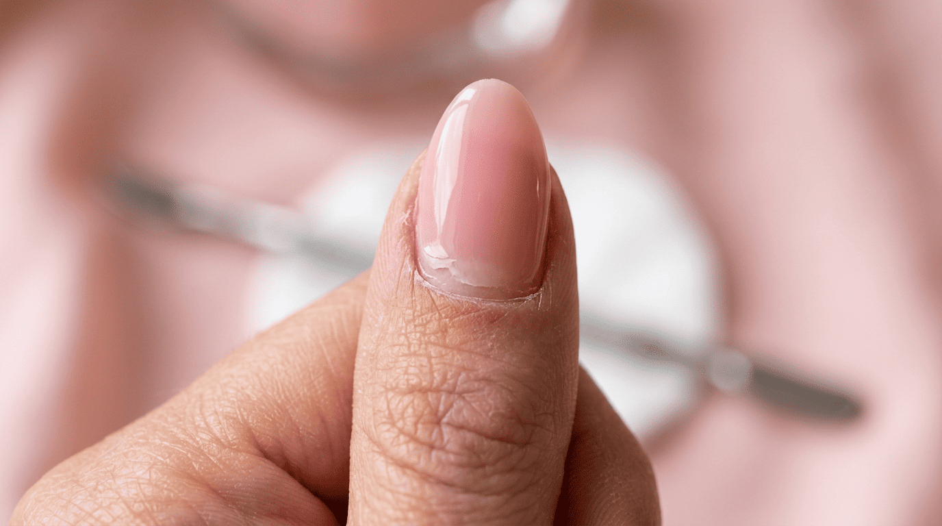 Uña con gel levantado en la cutícula mostrando problema de adherencia en manicura