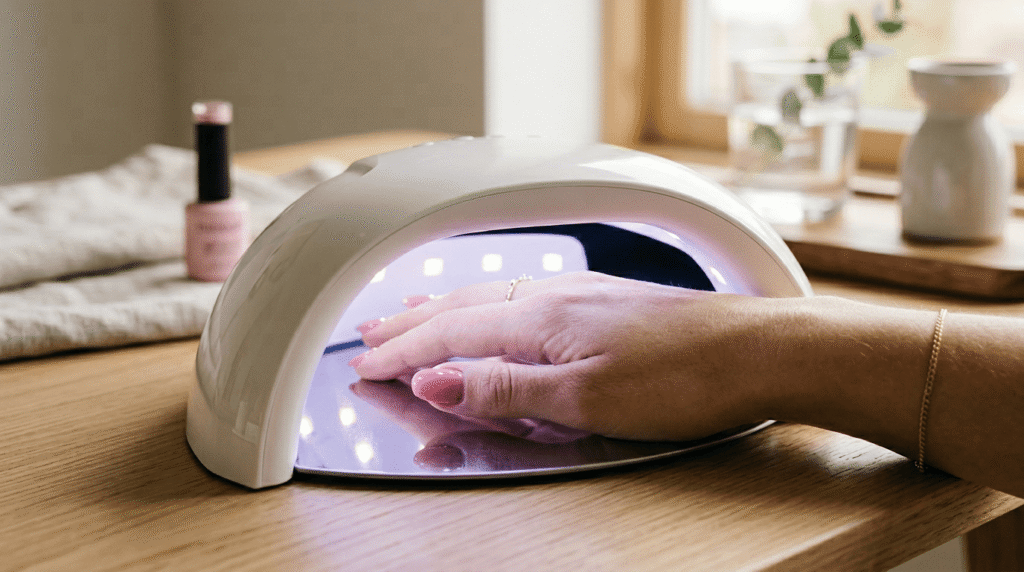 Mano secando uñas en lámpara UV con posible curado incorrecto del top coat