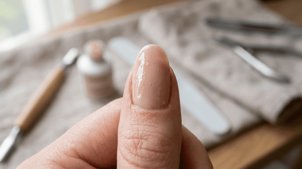 Top coat aplicado en capa gruesa sobre uña en gel generando burbujas y mala adherencia