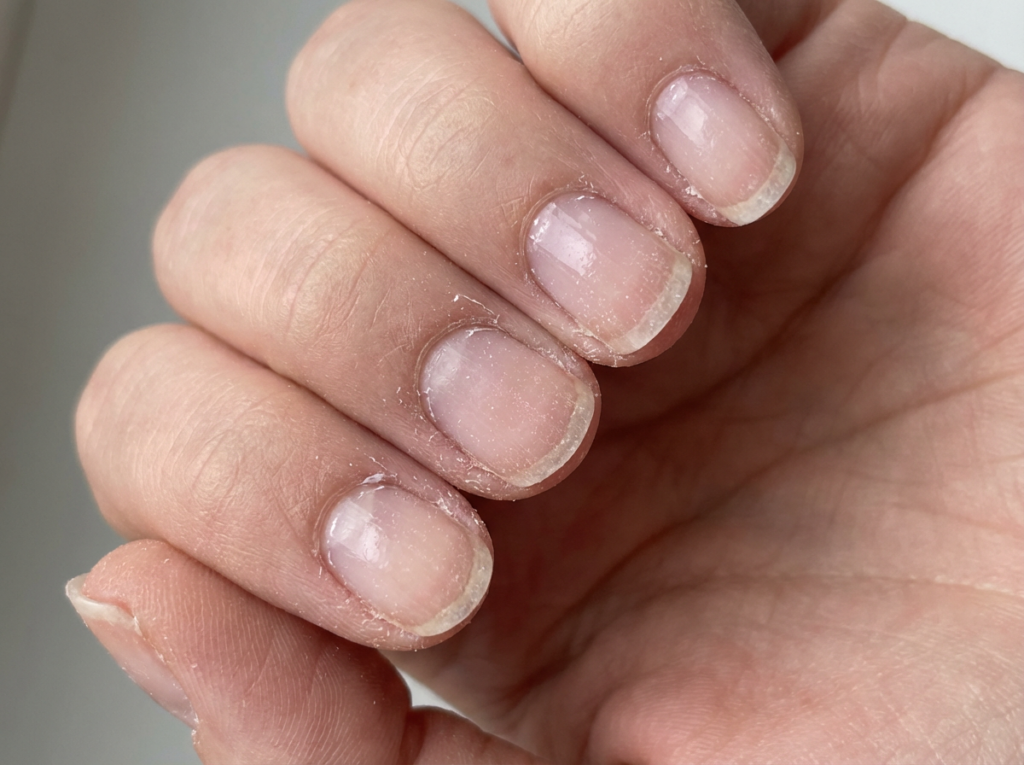 preparación incorrecta de uñas con brillo natural y cutícula sin limpiar