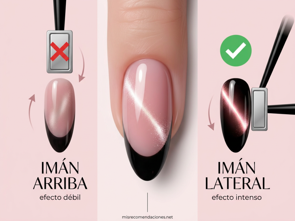 Diagrama comparativo mostrando el imán arriba y el imán lateral para lograr el efecto ojo de gato en uñas