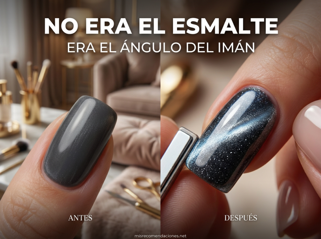 Efecto ojo de gato en uñas activado correctamente usando el imán por el lateral
