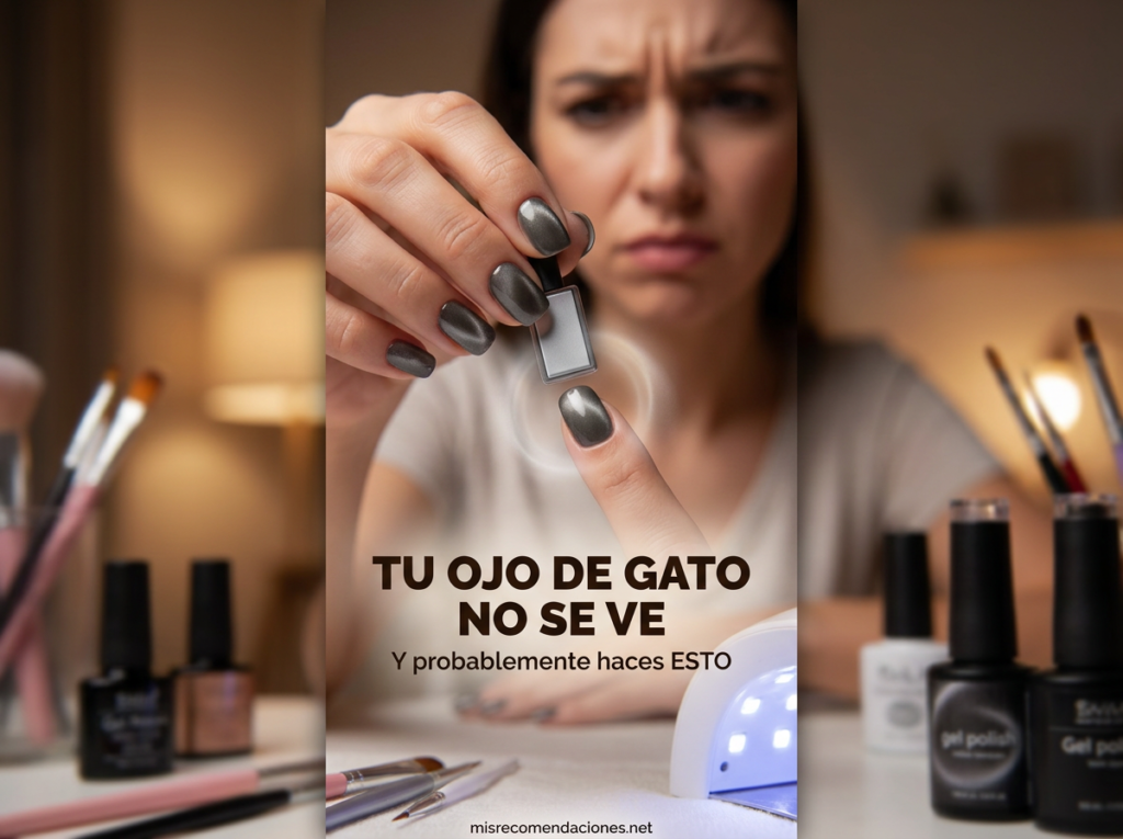 Mujer intentando hacer efecto ojo de gato en uñas usando el imán de forma incorrecta