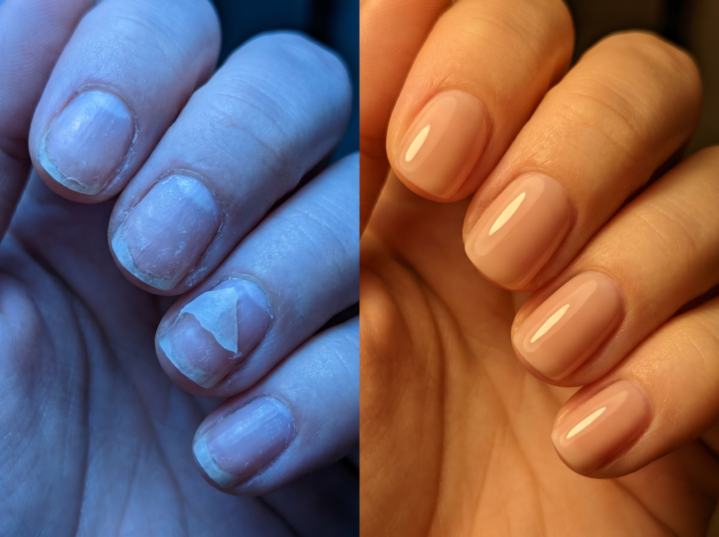 uñas de gel levantadas desde los bordes con acabado descuidado