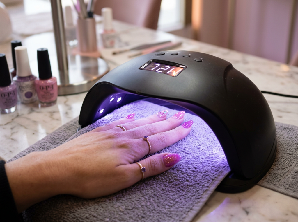 lámpara LED para uñas mostrando watts en etiqueta con gel curándose adentro